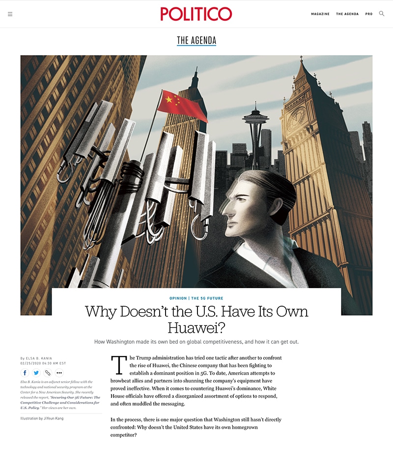 Jiyeun Kang / Politico Magazine/U.S. 5G Failures and the Future of American Innovation/ Politico Magazine - JiYeun Kang - Anna Goodson Illustration Agency