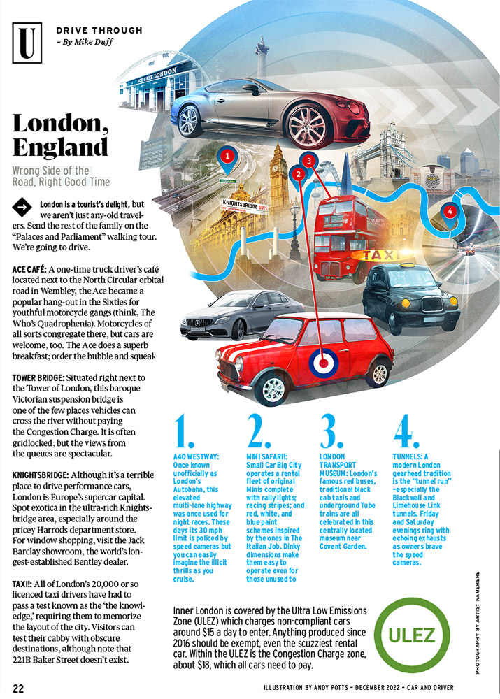 Car and Driver Magazine / Map style collage illustration - Andy Potts - Anna Goodson Illustration Agency