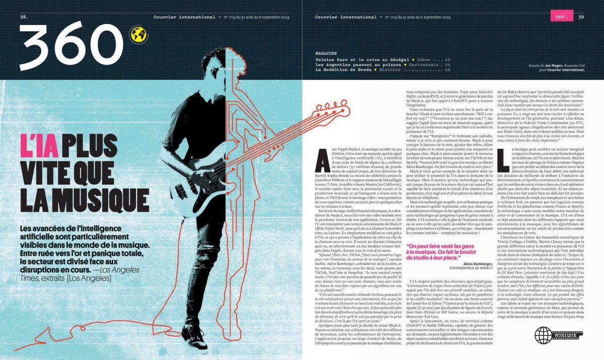 Courrier International (Paris) / Resurrected Beatles, Fake Drake and Algorithm Songwriters: Inside the panic over AI Music” - Joe Magee - Anna Goodson Illustration Agency