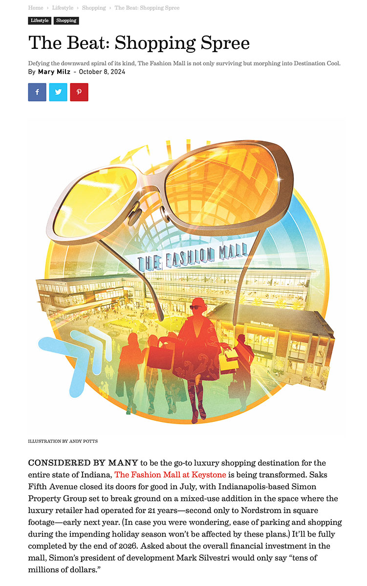Indianapolis Monthly / The bright future of a local luxury shopping destination The Fashion Mall at Keystone - Andy Potts - Anna Goodson Illustration Agency