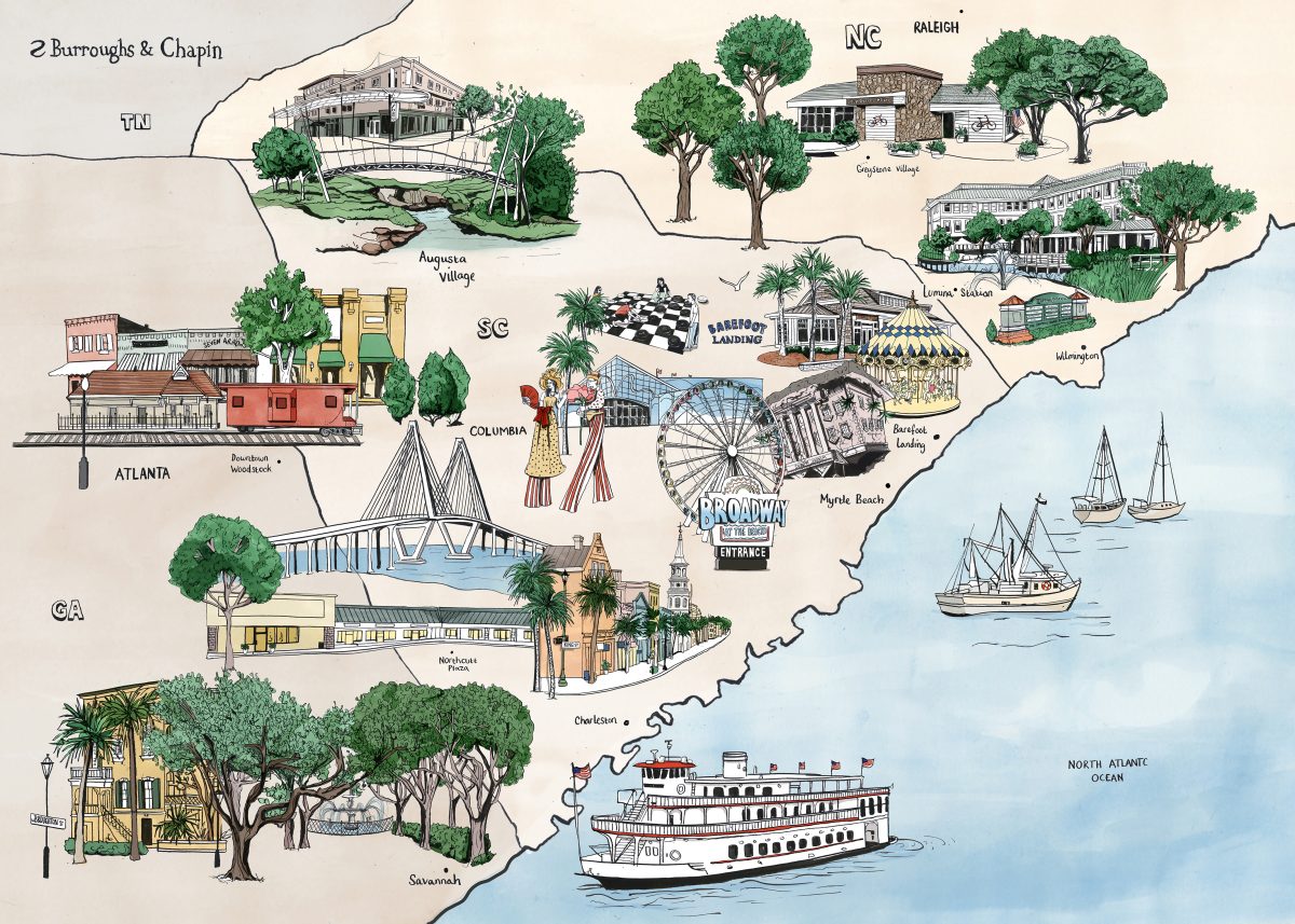 Burroughs and Chapin / Map and Street scene for shop windows - Clare Mallison - Anna Goodson Illustration Agency