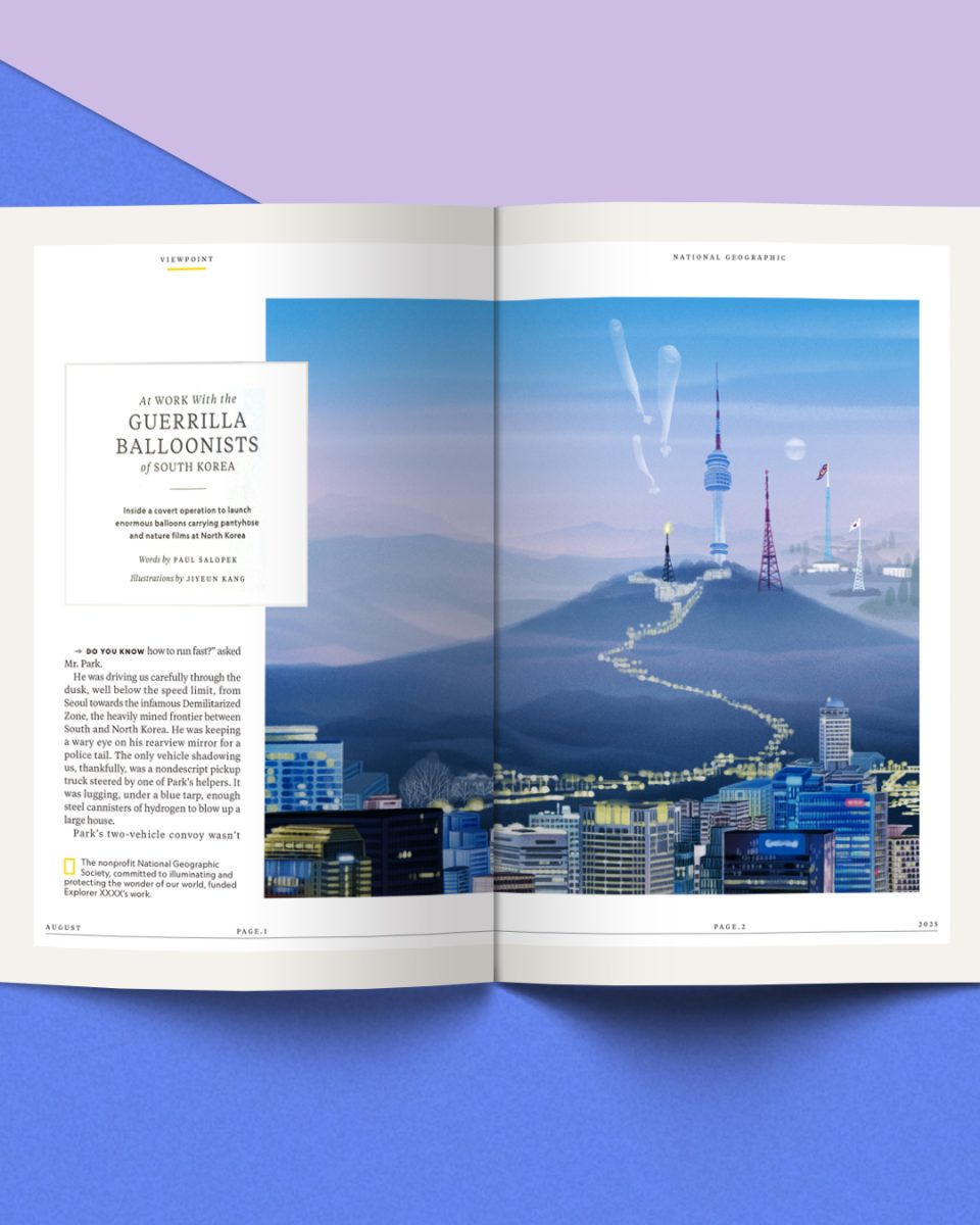 Jiyeun Kang / National Geographic / My Night with the Guerrilla Balloonists of South Korea - JiYeun Kang - Anna Goodson Illustration Agency