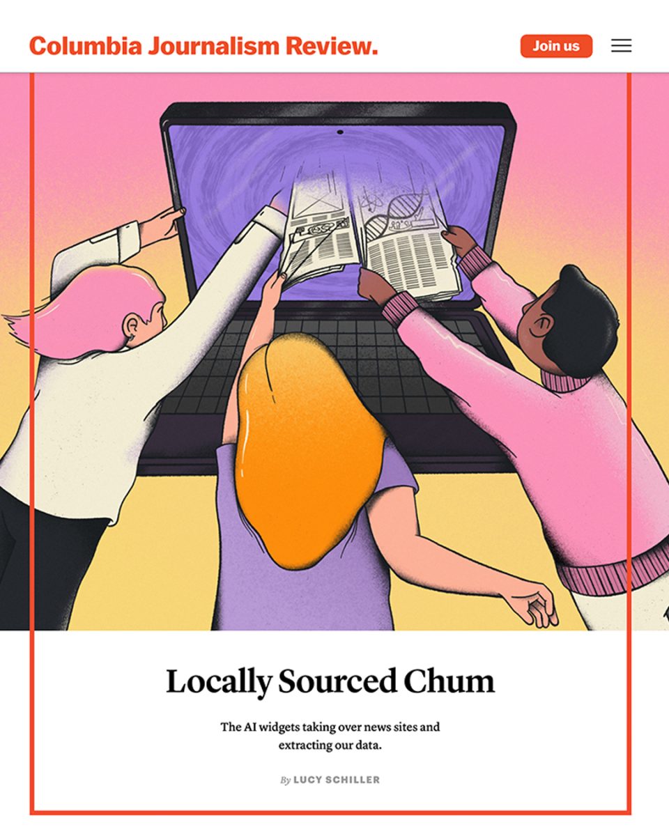Columbia Journalism Review / The AI widgets taking over news sites and extracting our data - Esteban Plazibat - Anna Goodson Illustration Agency