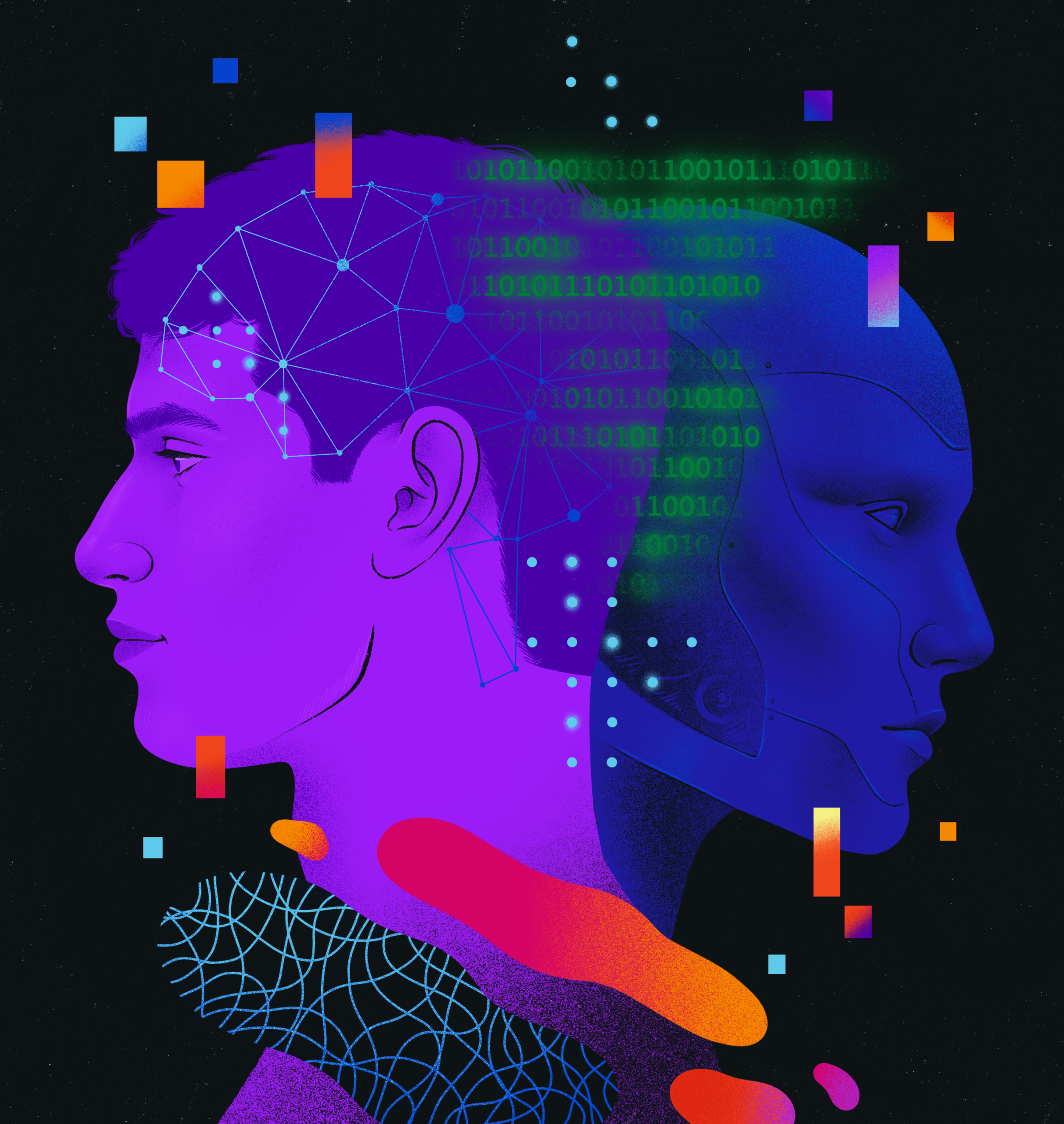 AI illustration by Carmen Martínez — human and machine profiles merging with binary code