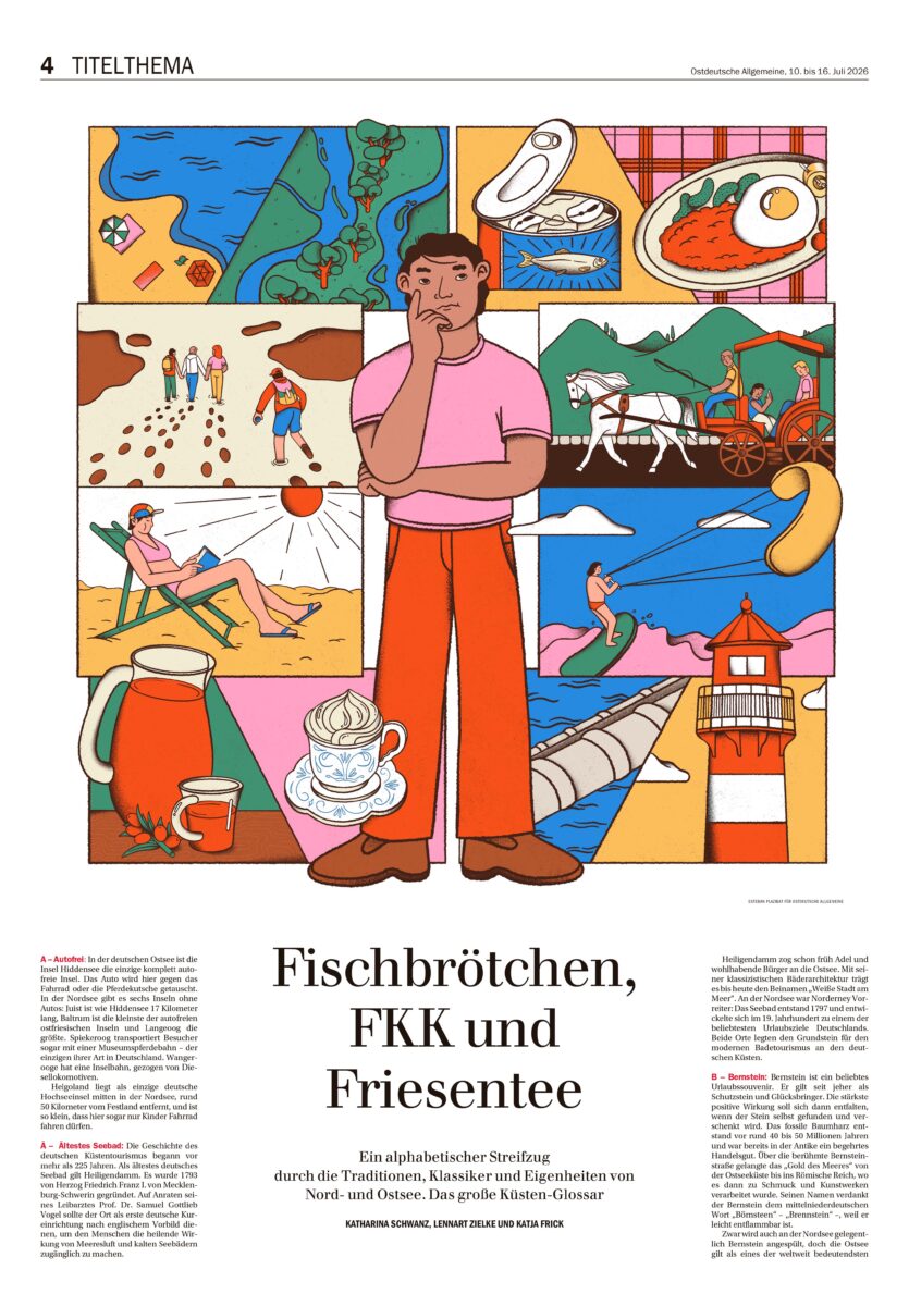 Ostdeutsche Allgemeine / Fischbrötchen, FKK und Friesentee. Krieg der Meere: Das große Glossar „Ostsee versus Nordsee“ - Esteban Plazibat - Anna Goodson Illustration Agency