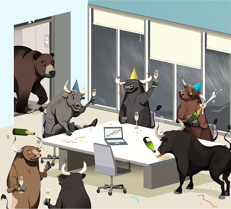 &#8216;How to Manage a buyout&#8217; and the &#8216;Bear and the Bulls Market&#8217;, Kiplingers Magazine - Nathan Hackett - Anna Goodson Illustration Agency