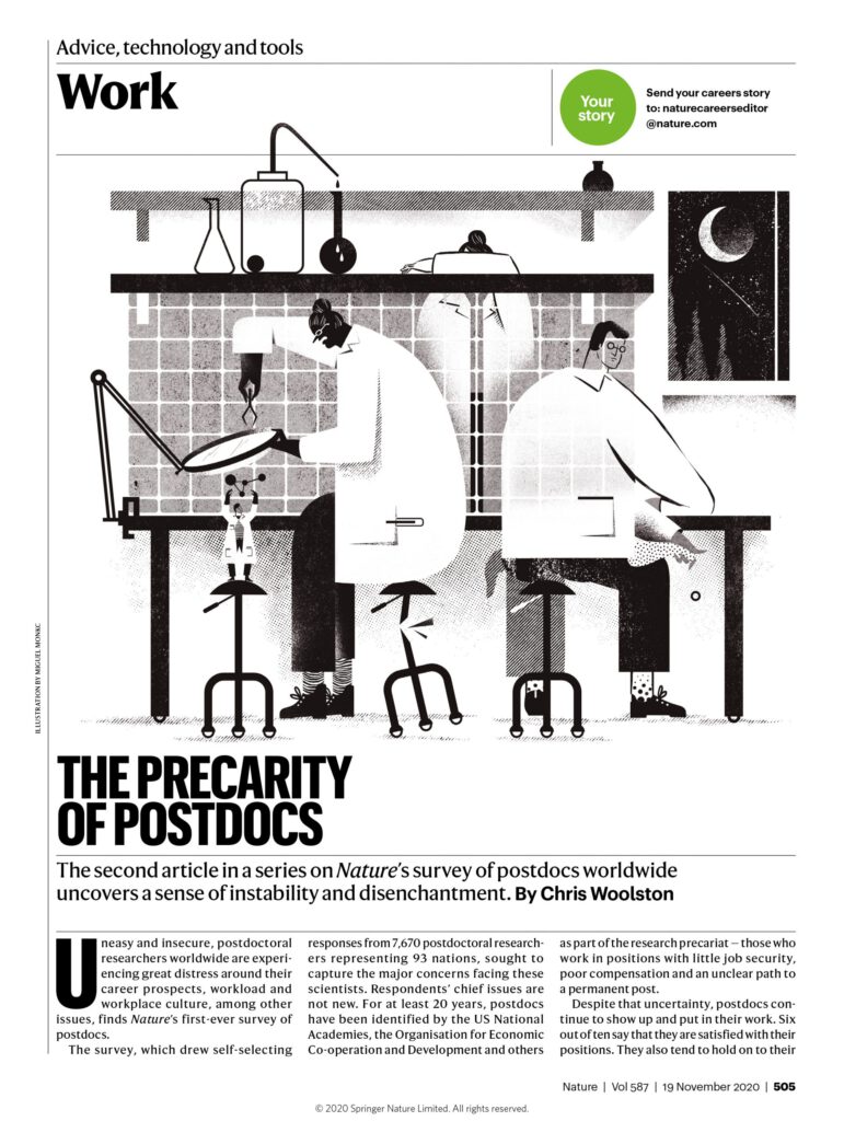 The Precarity of Postdocs / Nature Magazine - Miguel Monkc - Anna Goodson Illustration Agency